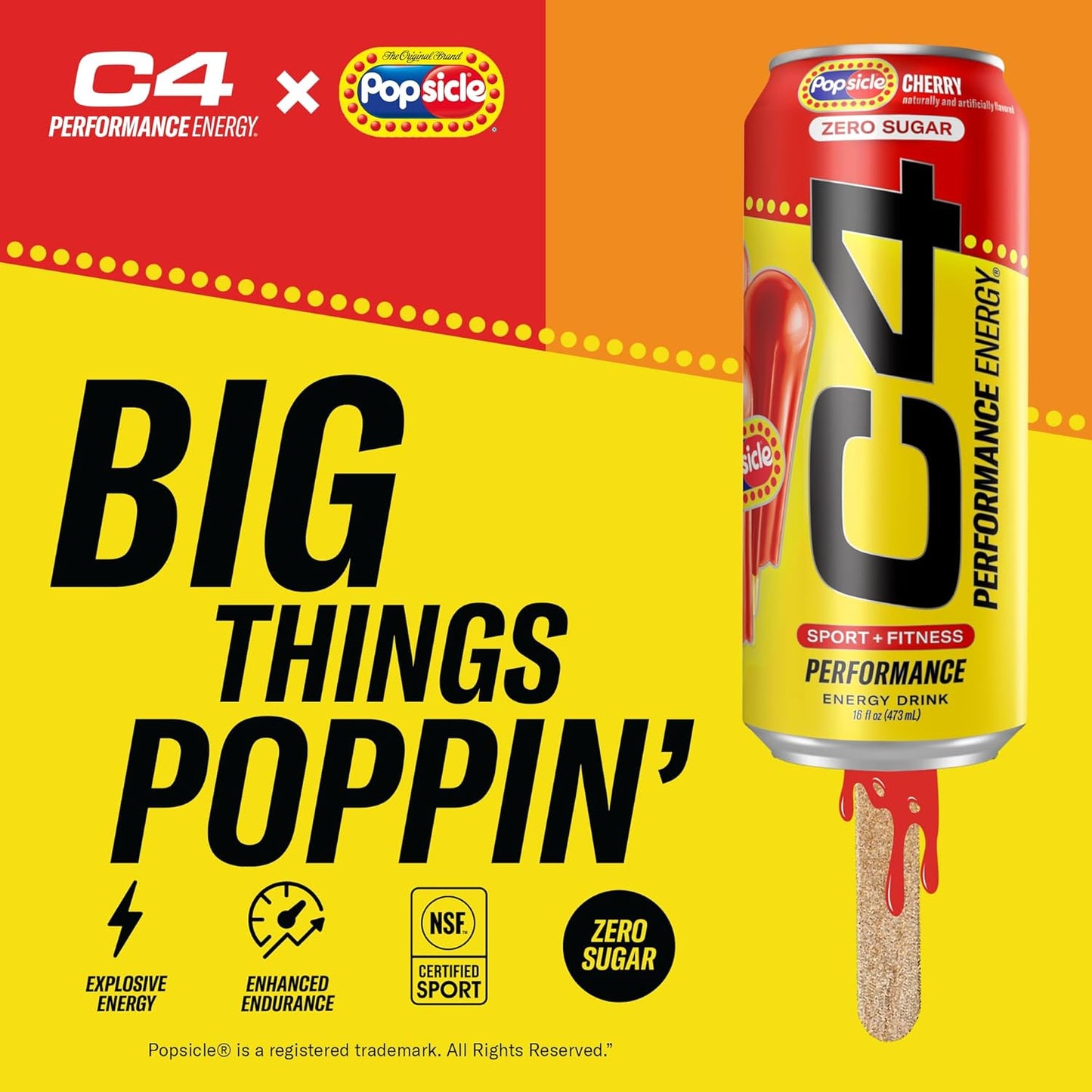 C4 Energy Drink x Popsicle Combo Pack, Sugar-Free Carbonated Energy Drink, Grape, Hawaiian Pineapple, and Cherry, 16 oz, 12-pack