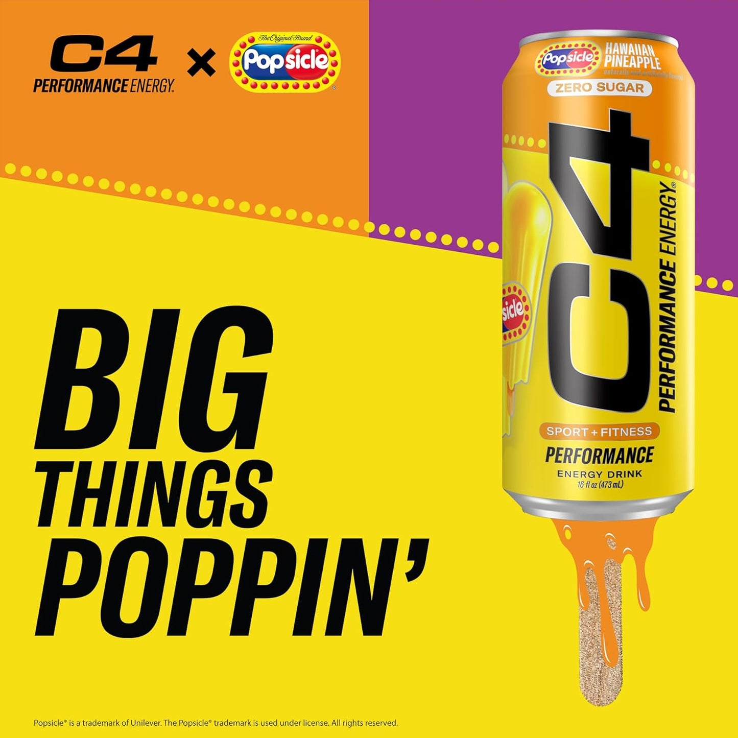 Cellucor C4 Energy Drink x Hawaiian Pineapple Popsicle Flavor, Sugar-Free Carbonated Sports Drink, 16 oz, 12-pack