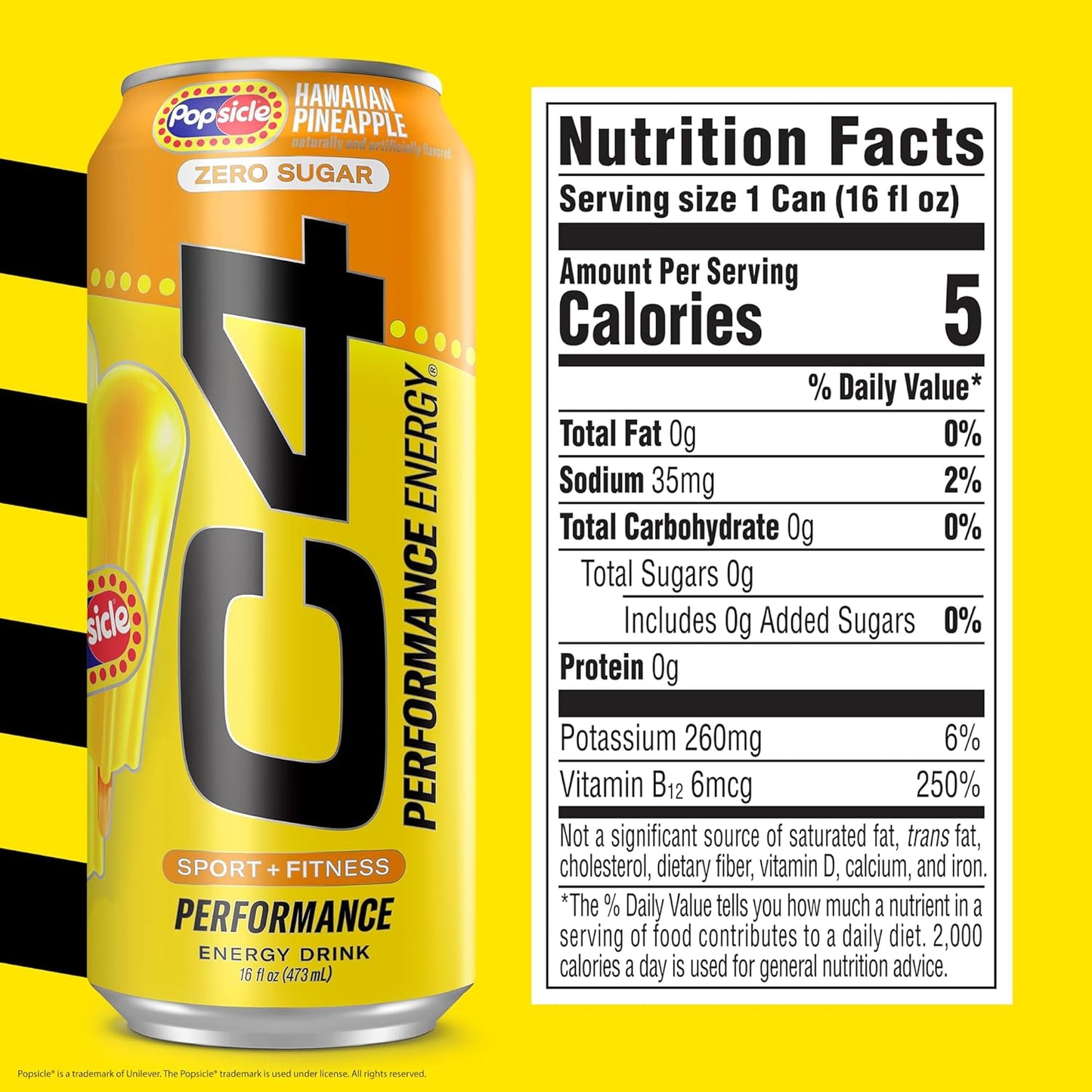 Cellucor C4 Energy Drink x Hawaiian Pineapple Popsicle Flavor, Sugar-Free Carbonated Sports Drink, 16 oz, 12-pack