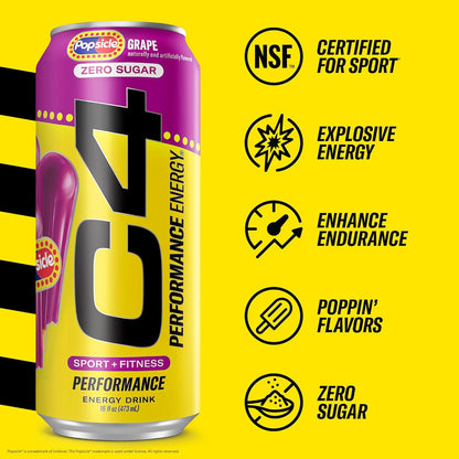 Cellucor C4 Energy Drink x Grape Popsicle Flavor, Sugar-Free Carbonated Sports Drink, 16 oz, 12-pack