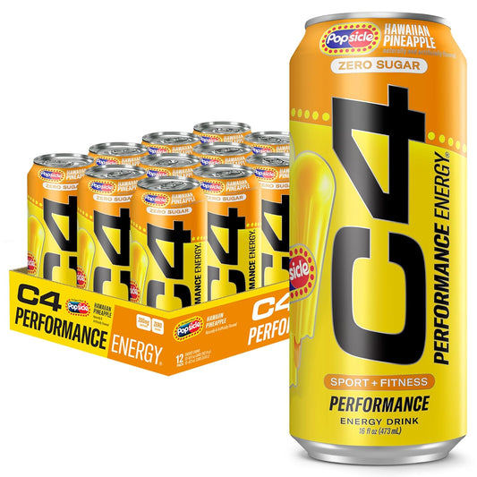 Cellucor C4 Energy Drink x Hawaiian Pineapple Popsicle Flavor, Sugar-Free Carbonated Sports Drink, 16 oz, 12-pack