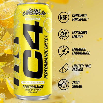Cellucor C4 Energy Drink, Lemon Limited Edition, Carbonated, Sugar-Free, 16oz, 12-pack