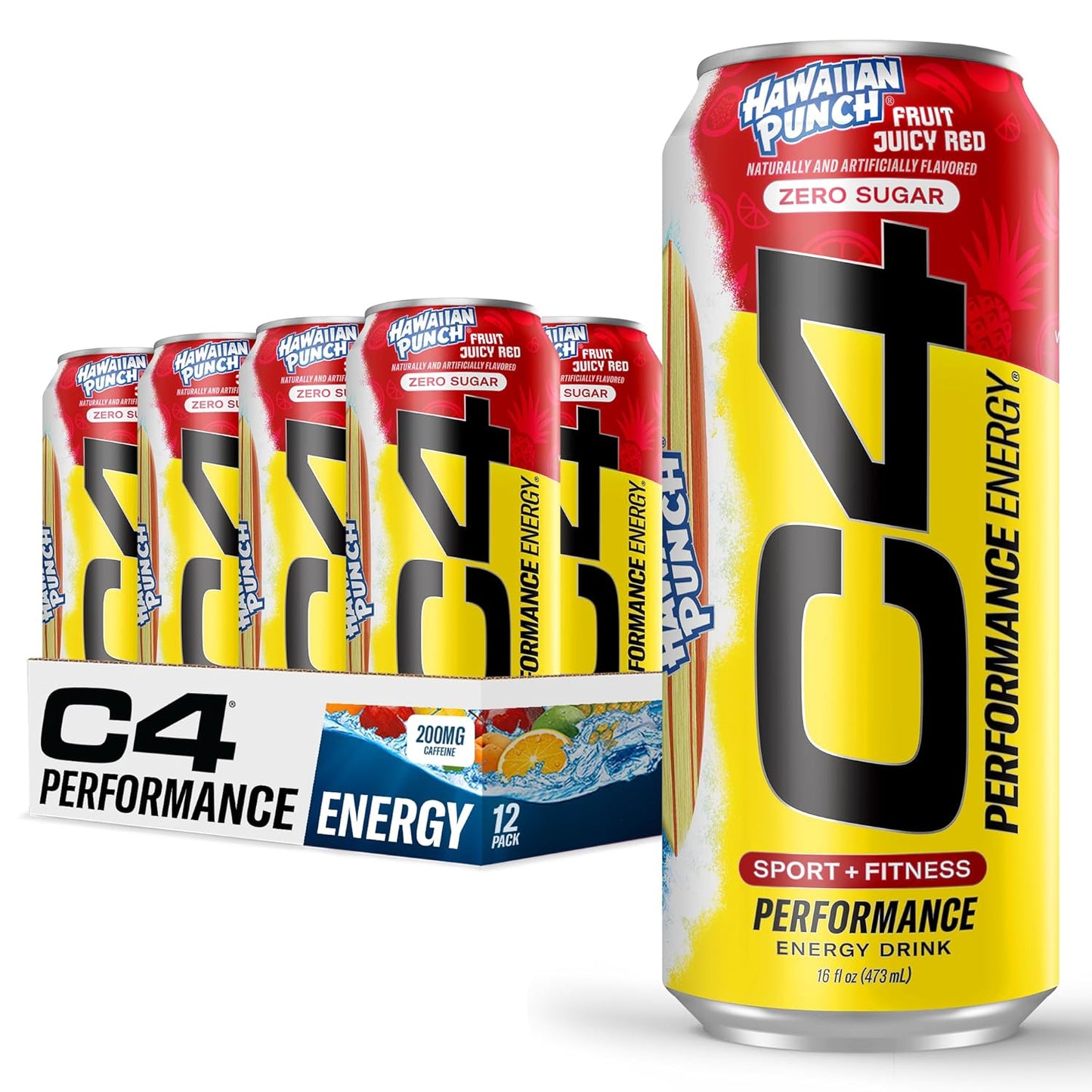 C4 Energy Drink, Hawaiian Punch Fruit Juicy Red, Carbonated Sugar Free Pre Workout Performance Drink with no Artificial Colors or Dyes, 16oz Pack of 1