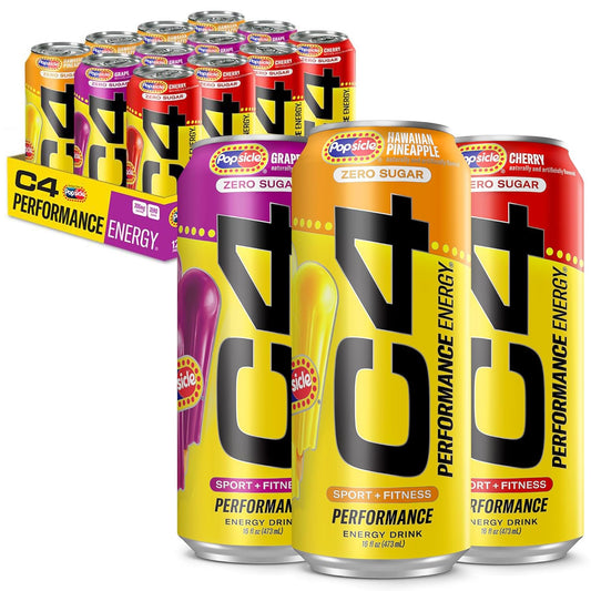 C4 Energy Drink x Popsicle Combo Pack, Sugar-Free Carbonated Energy Drink, Grape, Hawaiian Pineapple, and Cherry, 16 oz, 12-pack
