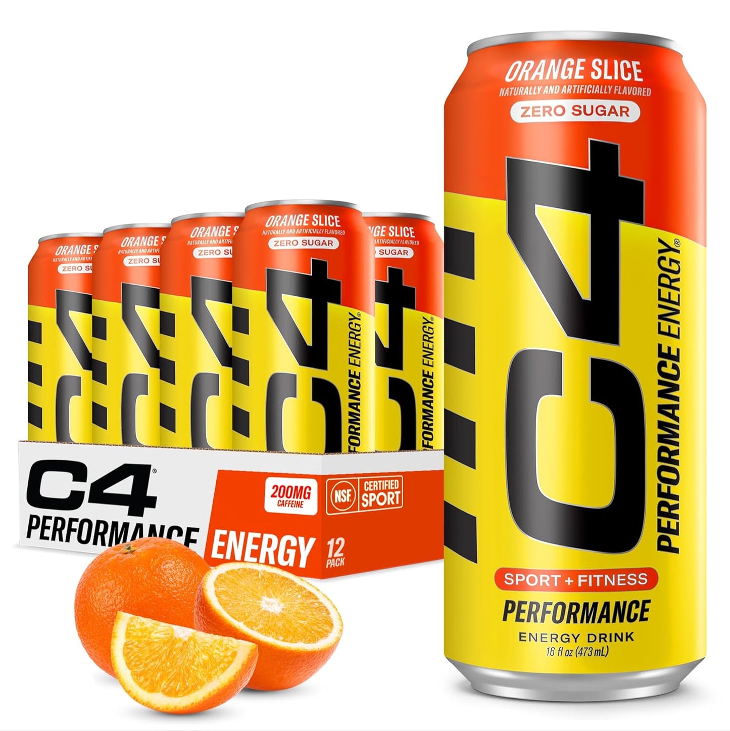 C4 Energy Carbonated Zero Sugar Energy Drink, Pre Workout Drink + Beta Alanine, Orange Slice, 16 Fl Oz (Pack of 12)