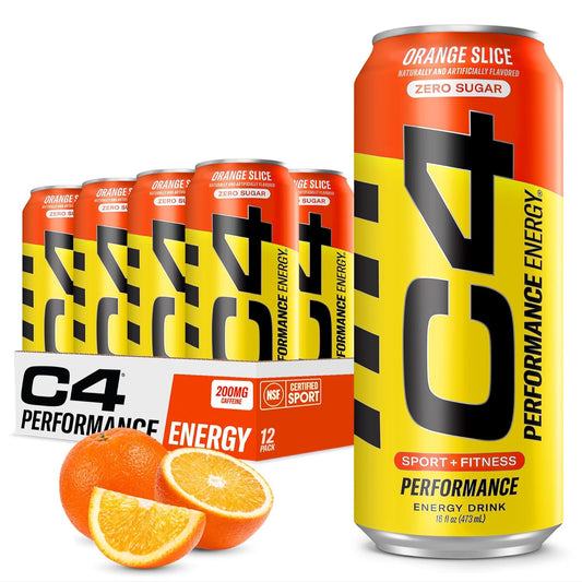 C4 Energy Carbonated Zero Sugar Energy Drink, Pre Workout Drink + Beta Alanine, Orange Slice, 16 Fl Oz (Pack of 12)