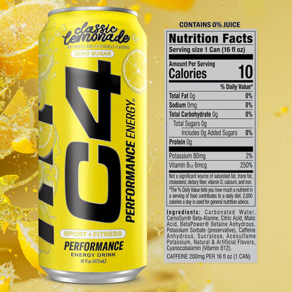 Cellucor C4 Energy Drink, Lemon Limited Edition, Carbonated, Sugar-Free, 16oz, 12-pack