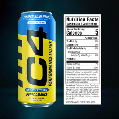 C4 Energy Carbonated Zero Sugar Energy Drink, Pre Workout Drink + Beta Alanine, Sparkling Frozen Bombsicle, 16 Fl Oz (Pack of 12)