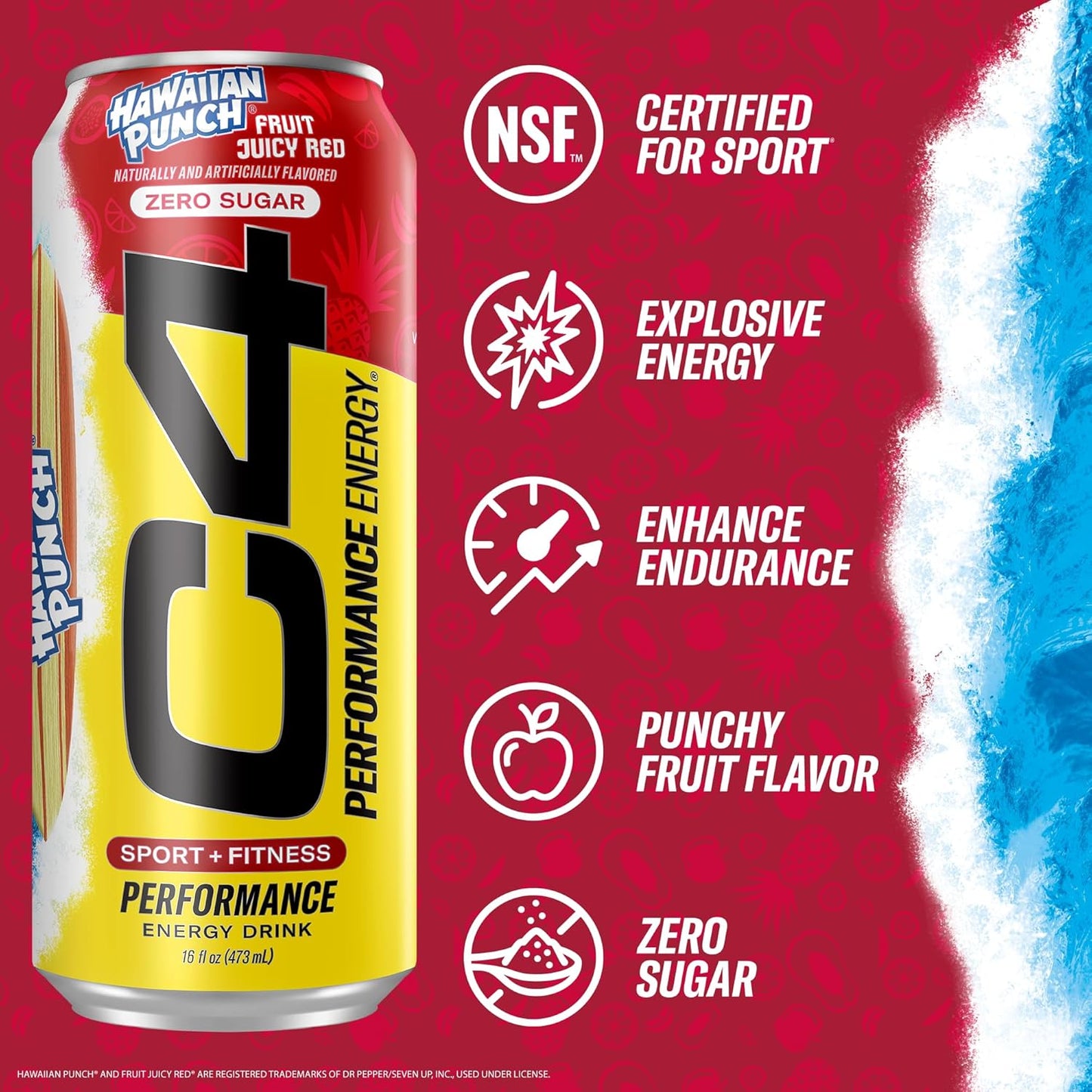 C4 Energy Drink, Hawaiian Punch Fruit Juicy Red, Carbonated Sugar Free Pre Workout Performance Drink with no Artificial Colors or Dyes, 16oz Pack of 1
