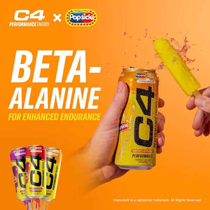 C4 Energy Drink x Popsicle Combo Pack, Sugar-Free Carbonated Energy Drink, Grape, Hawaiian Pineapple, and Cherry, 16 oz, 12-pack