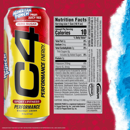 C4 Energy Drink, Hawaiian Punch Fruit Juicy Red, Carbonated Sugar Free Pre Workout Performance Drink with no Artificial Colors or Dyes, 16oz Pack of 1