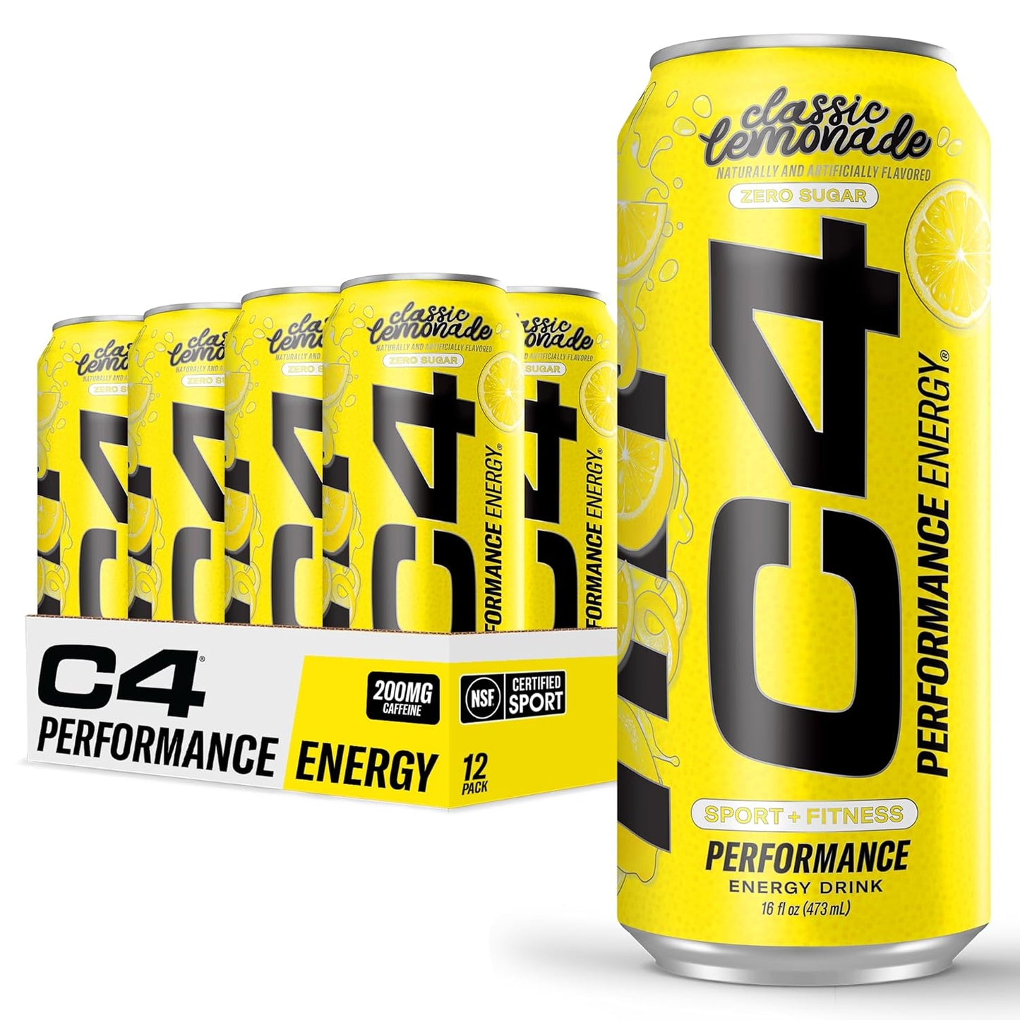 Cellucor C4 Energy Drink, Lemon Limited Edition, Carbonated, Sugar-Free, 16oz, 12-pack