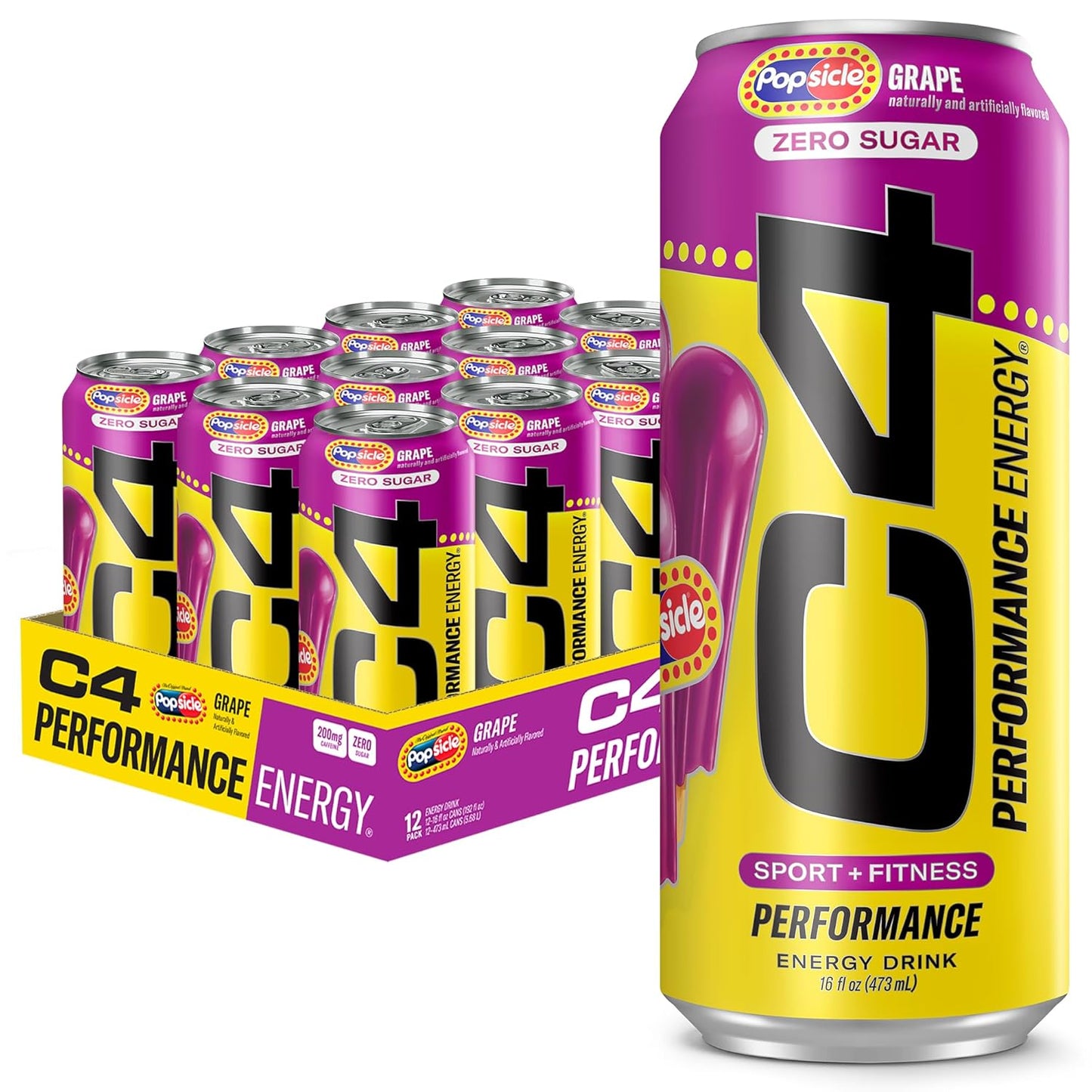 Cellucor C4 Energy Drink x Grape Popsicle Flavor, Sugar-Free Carbonated Sports Drink, 16 oz, 12-pack