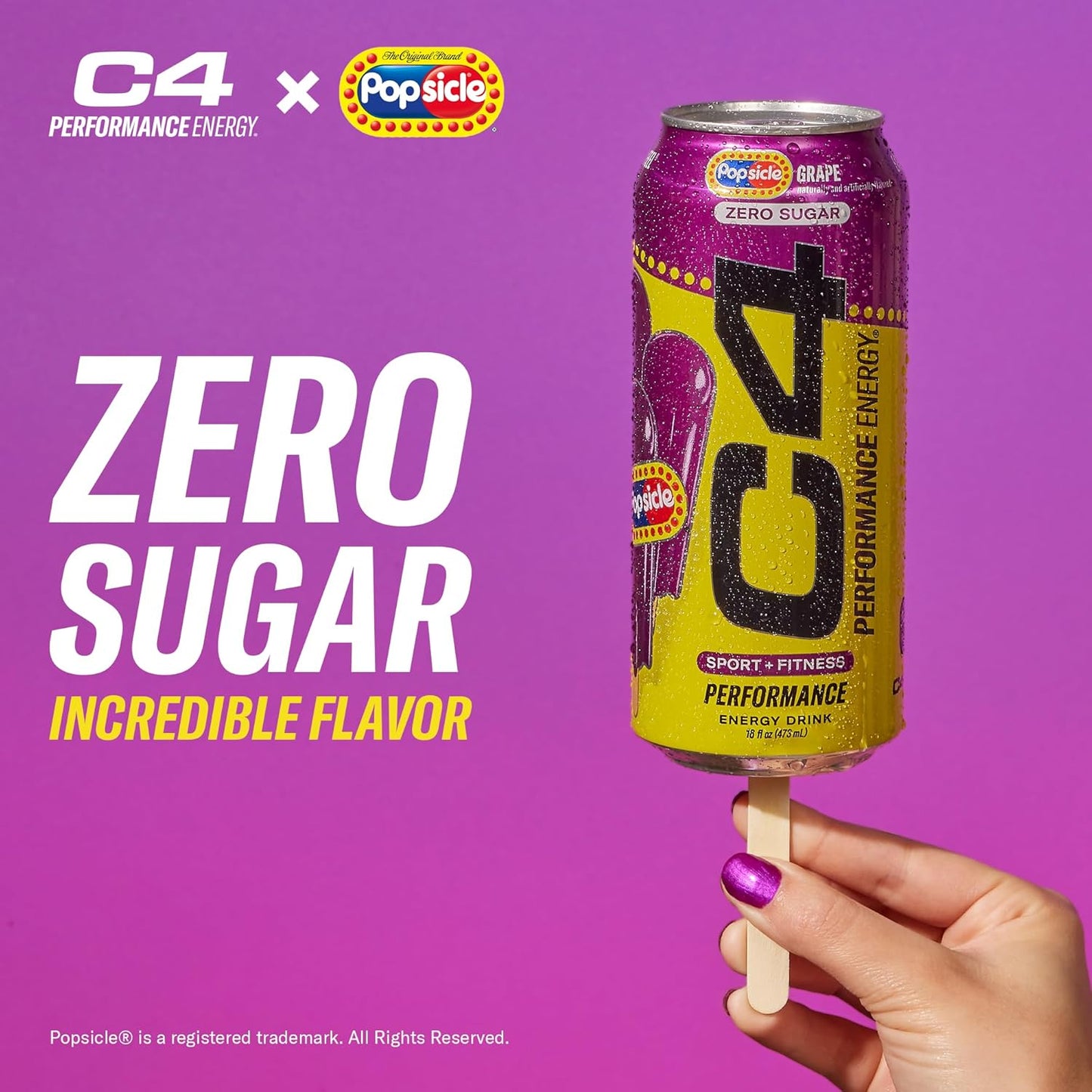 C4 Energy Drink x Popsicle Combo Pack, Sugar-Free Carbonated Energy Drink, Grape, Hawaiian Pineapple, and Cherry, 16 oz, 12-pack