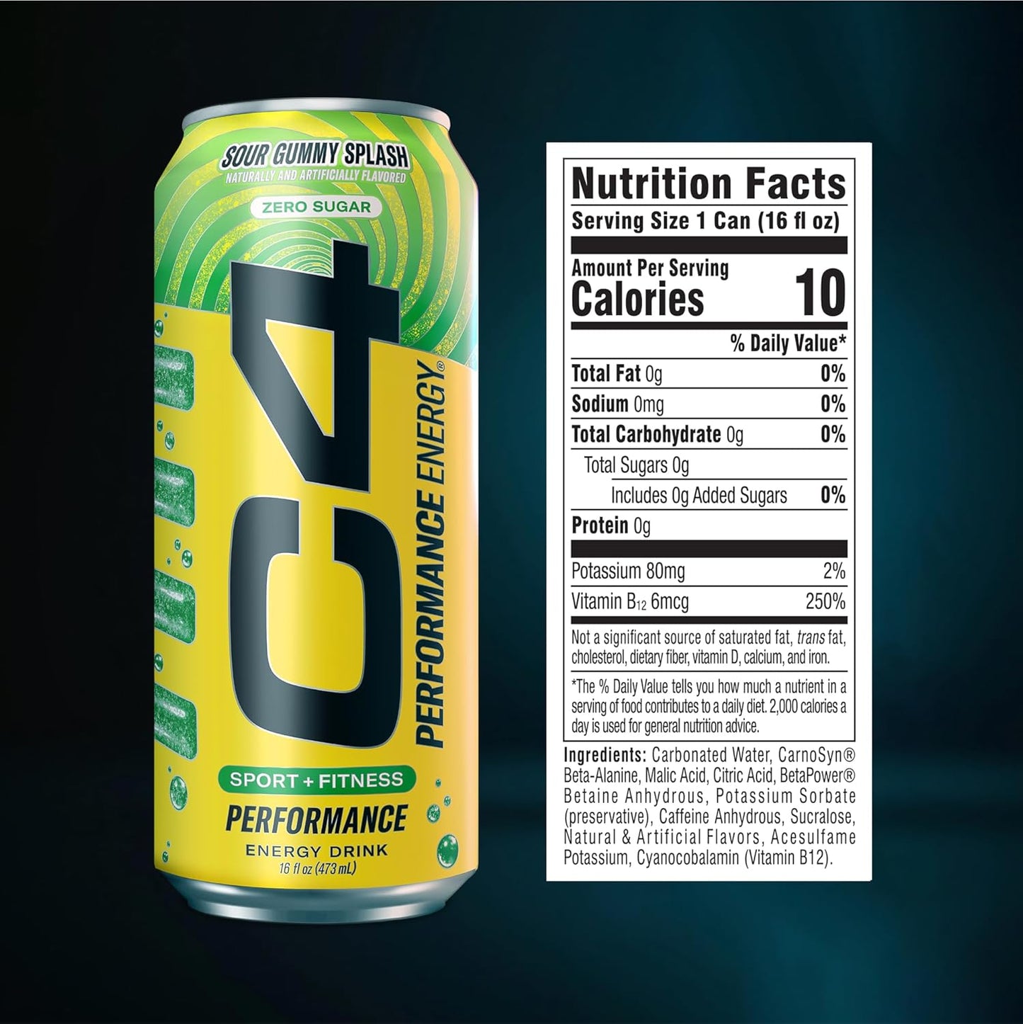 Cellucor C4 Energy Carbonated Zero Sugar Energy Drink, Pre Workout Drink + Beta Alanine, Sour Gummy Splash, 16 Fl Oz (Pack of 12)