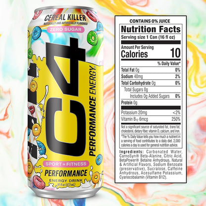 C4 Energy Carbonated Zero Sugar Energy Drink, Pre Workout Drink + Beta Alanine, Cereal Killer, 16 Fl Oz (Pack of 12)