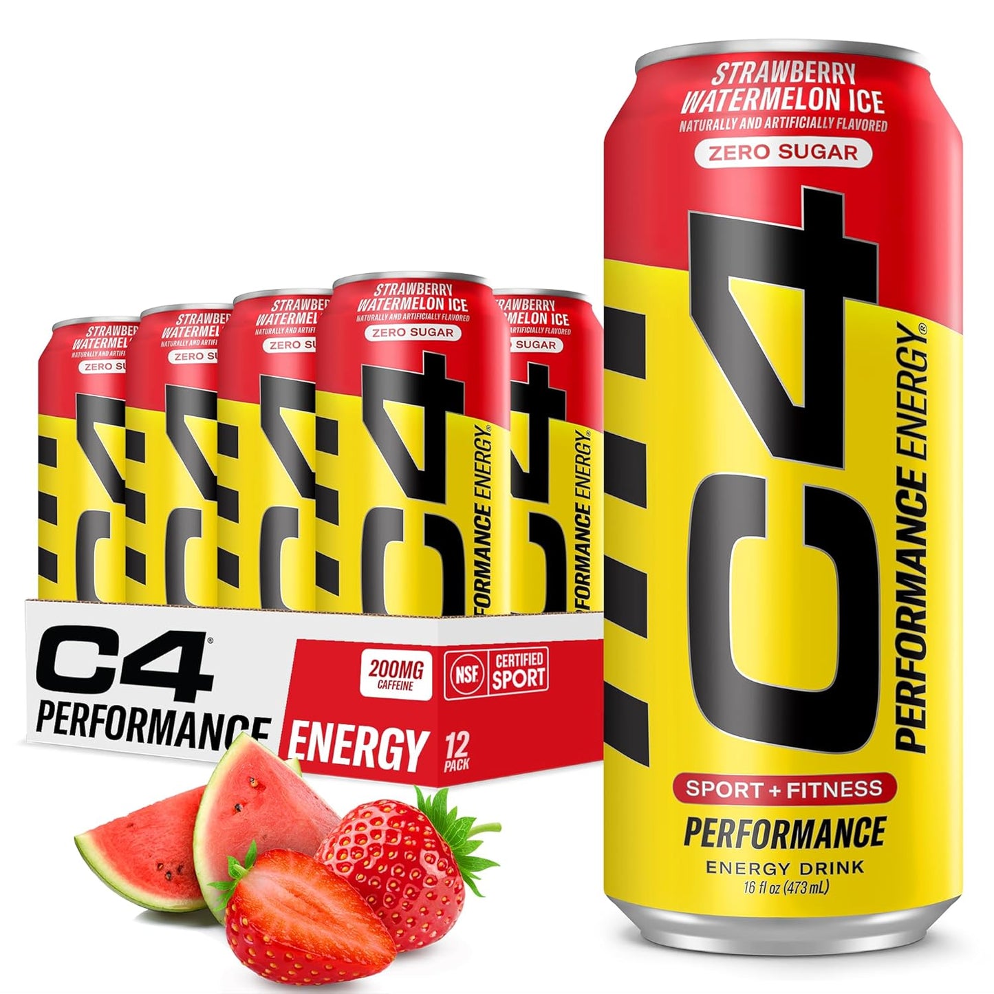 C4 Energy Drink 16oz (12-pack) - Strawberry Watermelon Iced Flavor - Sugar-Free Pre-Workout Energy Drink