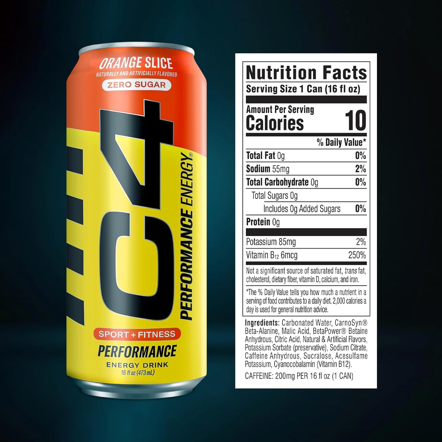 C4 Energy Carbonated Zero Sugar Energy Drink, Pre Workout Drink + Beta Alanine, Orange Slice, 16 Fl Oz (Pack of 12)