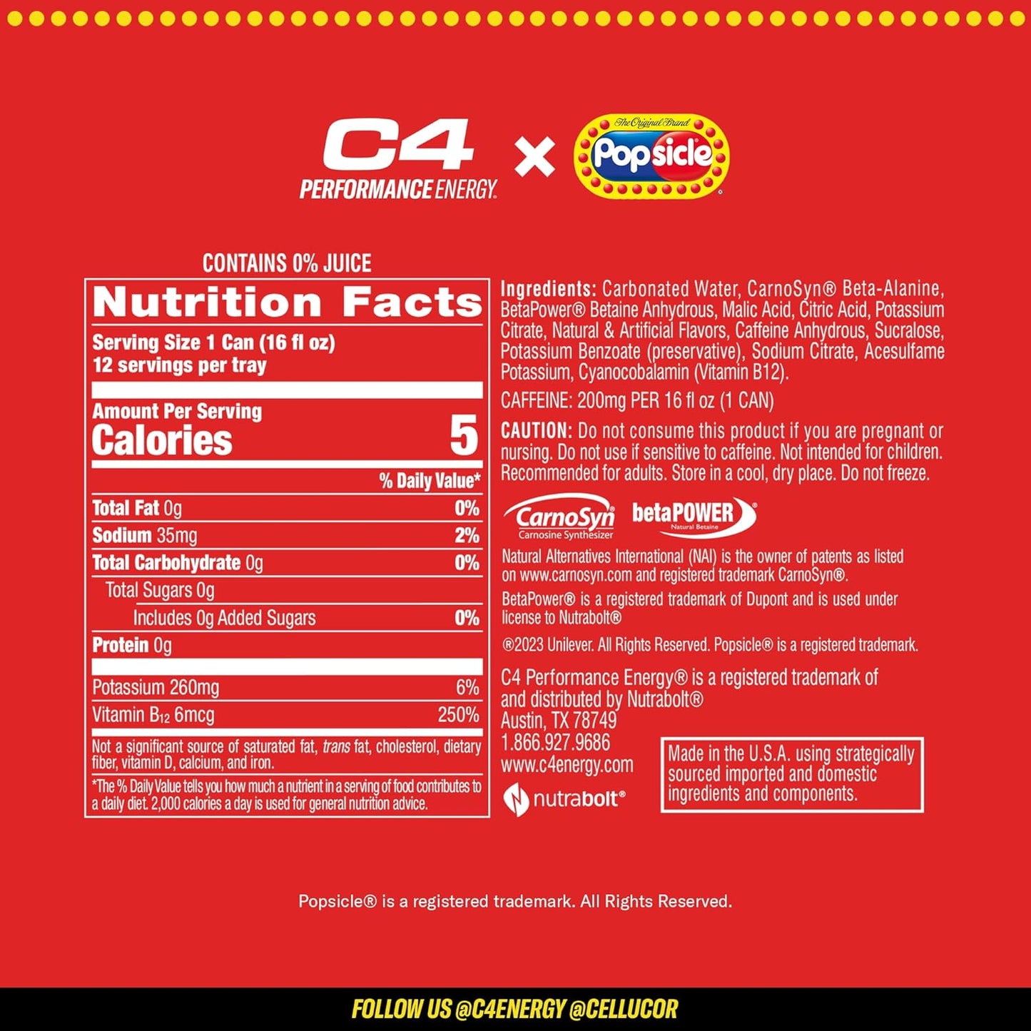 C4 Energy Drink x Popsicle Combo Pack, Sugar-Free Carbonated Energy Drink, Grape, Hawaiian Pineapple, and Cherry, 16 oz, 12-pack