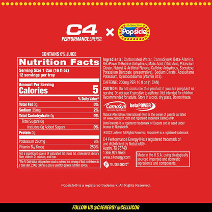 C4 Energy Drink x Popsicle Combo Pack, Sugar-Free Carbonated Energy Drink, Grape, Hawaiian Pineapple, and Cherry, 16 oz, 12-pack