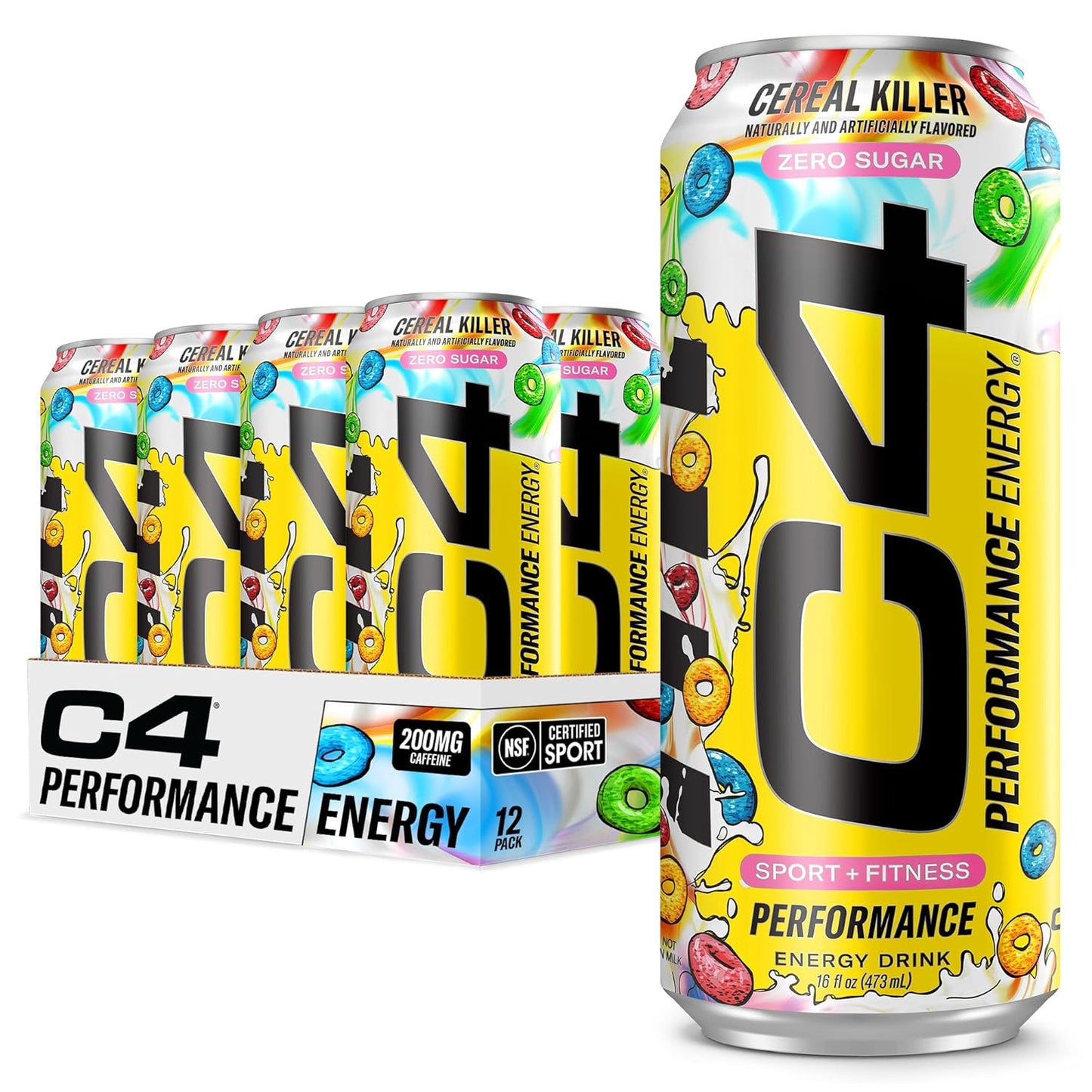 C4 Energy Carbonated Zero Sugar Energy Drink, Pre Workout Drink + Beta Alanine, Cereal Killer, 16 Fl Oz (Pack of 12)