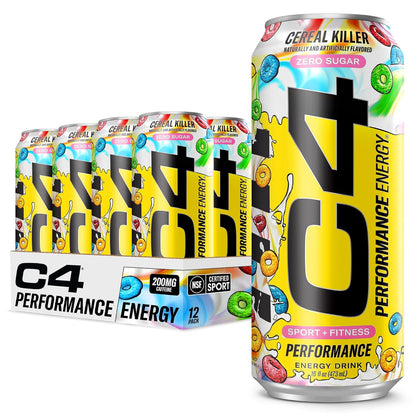 C4 Energy Carbonated Zero Sugar Energy Drink, Pre Workout Drink + Beta Alanine, Cereal Killer, 16 Fl Oz (Pack of 12)
