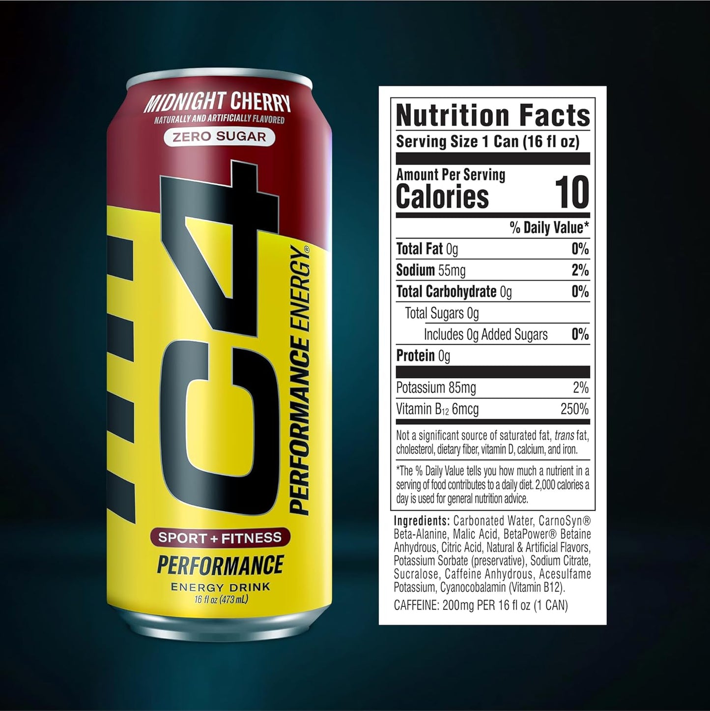 C4 Energy Carbonated Zero Sugar Energy Drink, Pre Workout Drink + Beta Alanine, Midnight Cherry, 16 Fl Oz (Pack of 12)