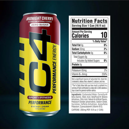 C4 Energy Carbonated Zero Sugar Energy Drink, Pre Workout Drink + Beta Alanine, Midnight Cherry, 16 Fl Oz (Pack of 12)