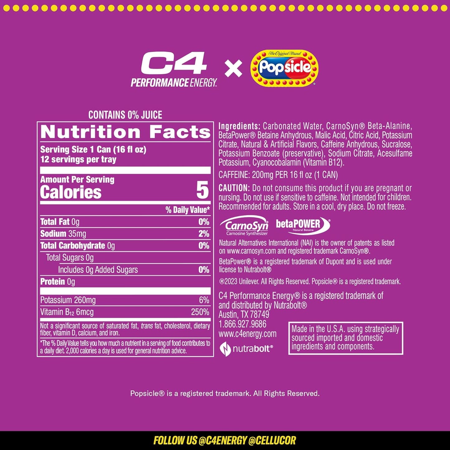 C4 Energy Drink x Popsicle Combo Pack, Sugar-Free Carbonated Energy Drink, Grape, Hawaiian Pineapple, and Cherry, 16 oz, 12-pack