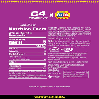 C4 Energy Drink x Popsicle Combo Pack, Sugar-Free Carbonated Energy Drink, Grape, Hawaiian Pineapple, and Cherry, 16 oz, 12-pack