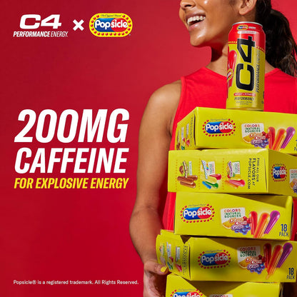 C4 Energy Drink x Popsicle Combo Pack, Sugar-Free Carbonated Energy Drink, Grape, Hawaiian Pineapple, and Cherry, 16 oz, 12-pack