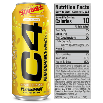 Cellucor C4 Energy Drink | Starburst Lemon Flavor | 200mg Caffeine | 16 fl oz (12 bottles)