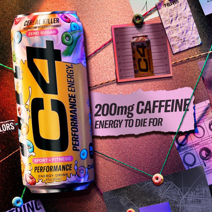 C4 Energy Carbonated Zero Sugar Energy Drink, Pre Workout Drink + Beta Alanine, Cereal Killer, 16 Fl Oz (Pack of 12)
